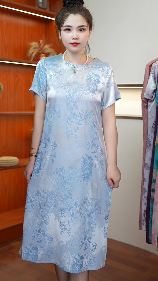 【蓝韵竹叶旗袍】2025夏季新款时尚气质显瘦百搭中长款气质连衣裙