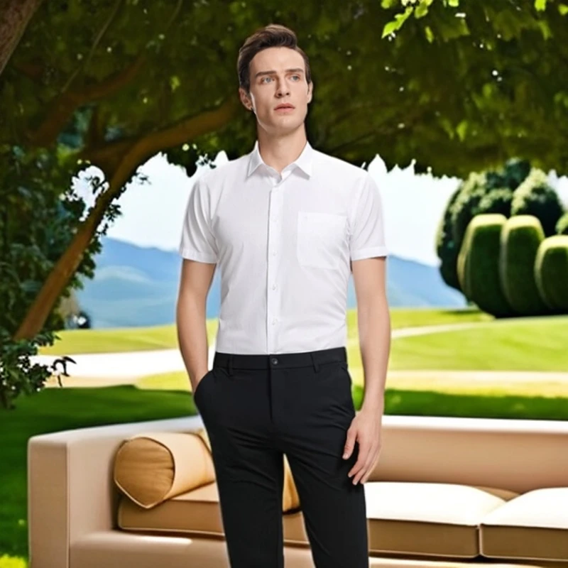 71棉+29莱赛尔天丝DP免烫抗皱衬衫剪标男士纯白色夏季短袖衬衣