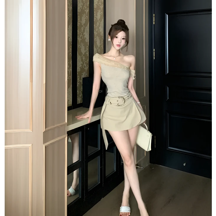 纯欲风斜肩吊带荷叶边露肩上衣法式夏季复古显瘦半身裙裤两件套装