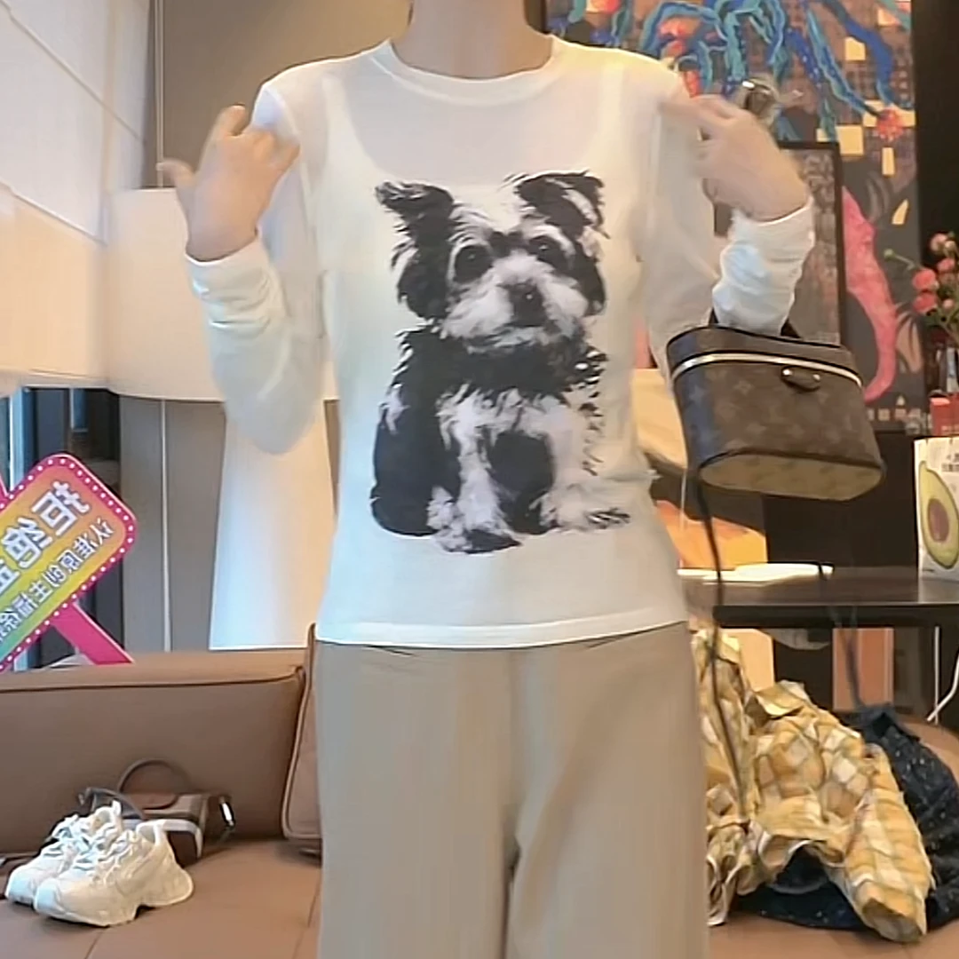 设计感印花长袖T恤女2025春季新款薄款针织衫圆领显瘦百搭上衣