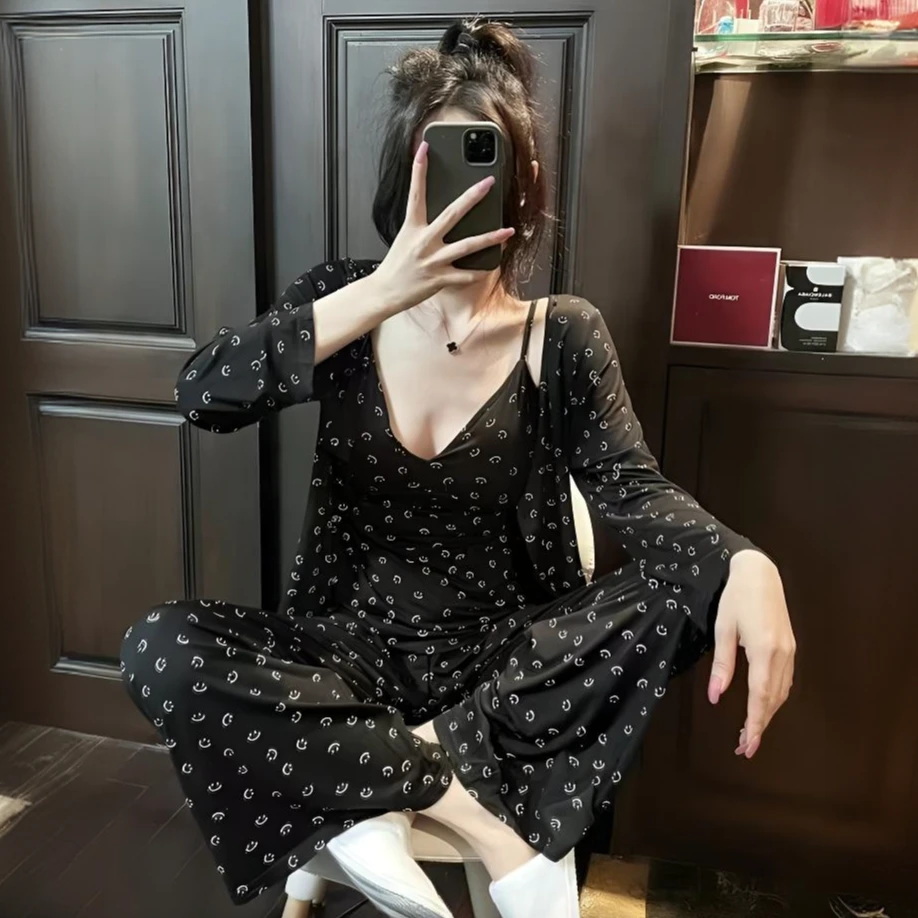 【带胸垫三件套】云朵棉睡衣女性感笑脸吊带长袖长裤休闲春夏家居服