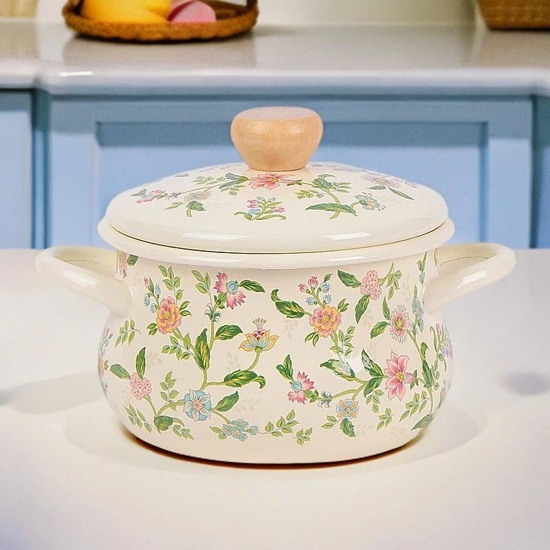26cm翻边卡通锅芳香花双耳珐琅搪瓷汤锅加厚煲汤锅电磁炉可用