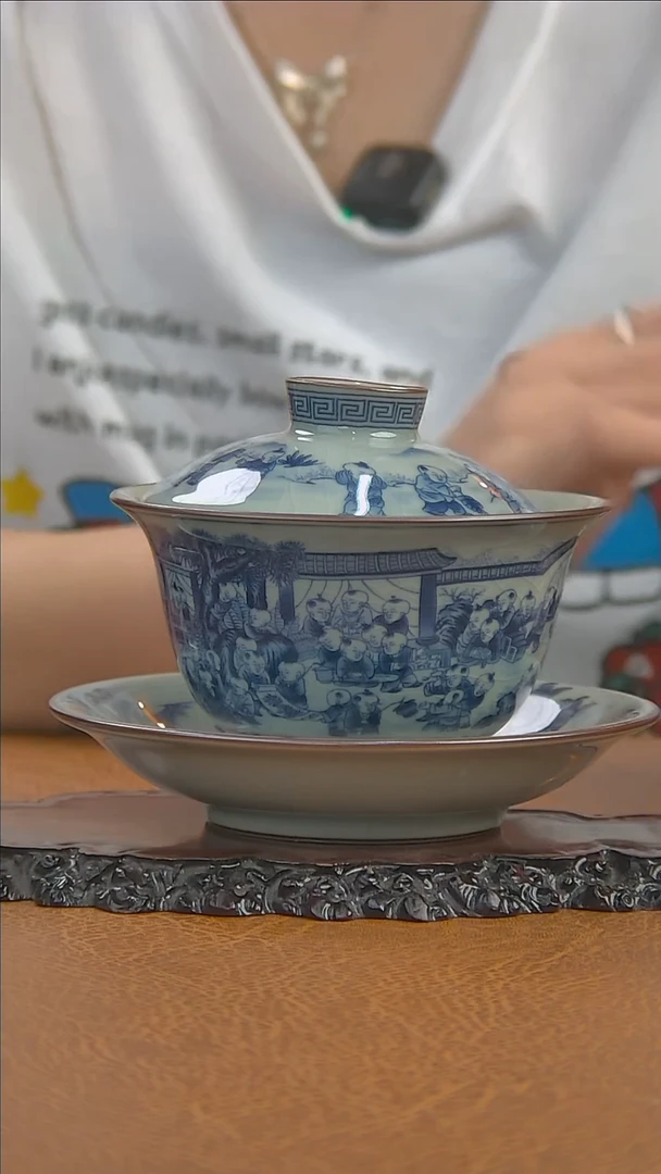 景德镇青花百子三才盖碗