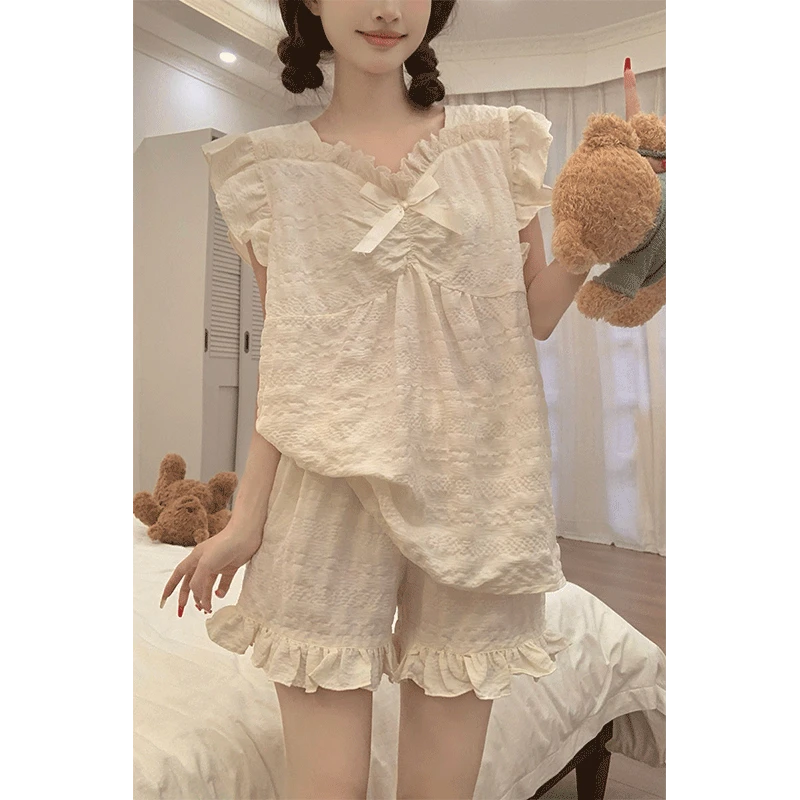 2025新款睡衣女夏季薄款吊带背心公主风小飞袖家居服甜美花边蝶结