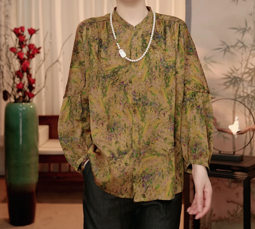 【莉莉高定】100%桑蚕丝 缎面香云纱长袖上衣 25035碎金鸢尾