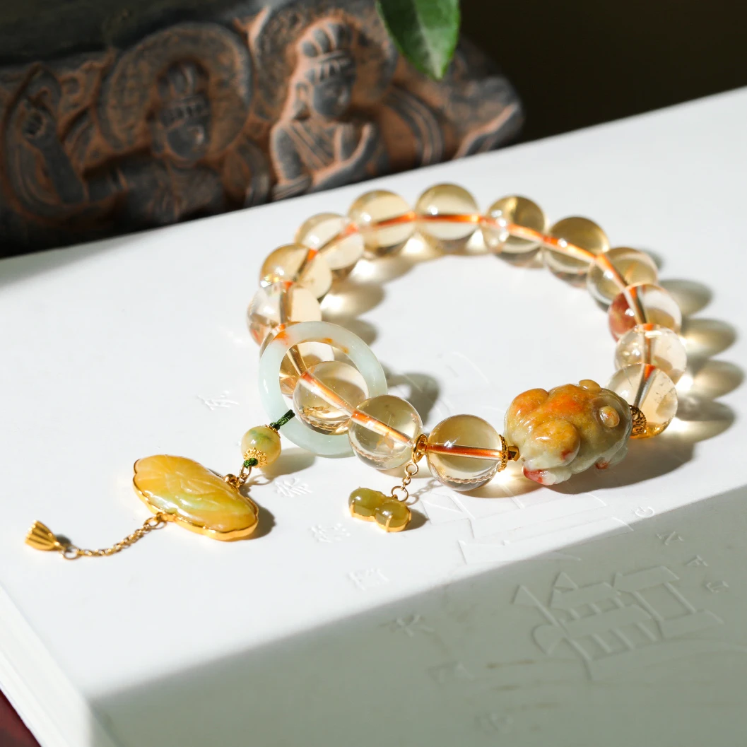 【意婵】天然典藏级老矿料黄水晶单圈翡翠18K金-909514