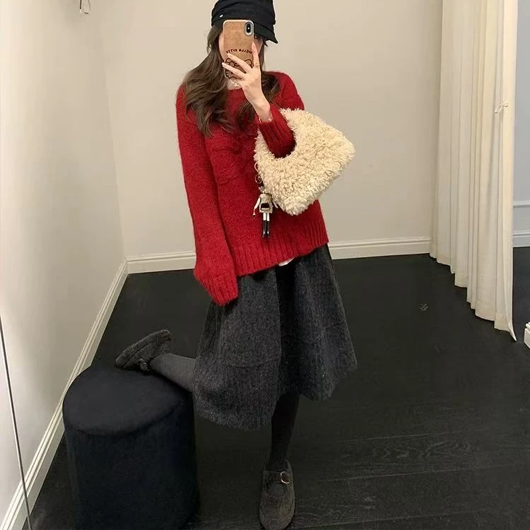 8851冬日宝藏半裙~厚绒高腰毛呢花苞中裙