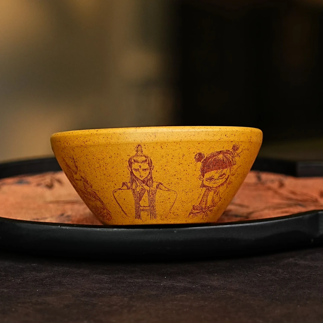 【2843哪吒杯】宜兴原矿紫砂手工刻绘哪吒人物杯 斗笠杯
