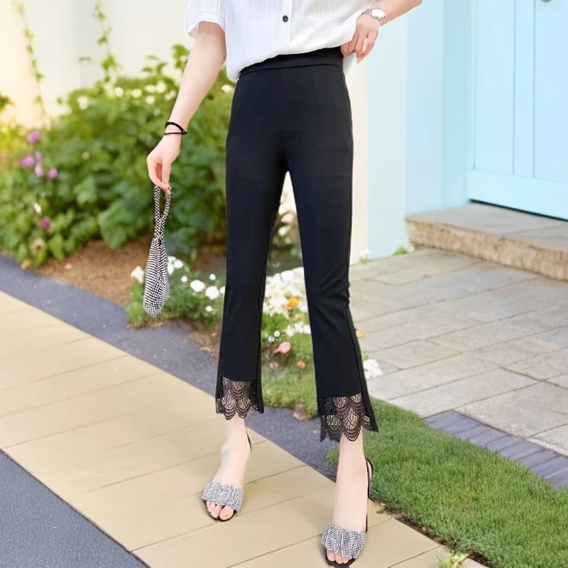 夏季轻职风高腰八分裤显瘦休闲裤外穿微喇裤七八分裤修身