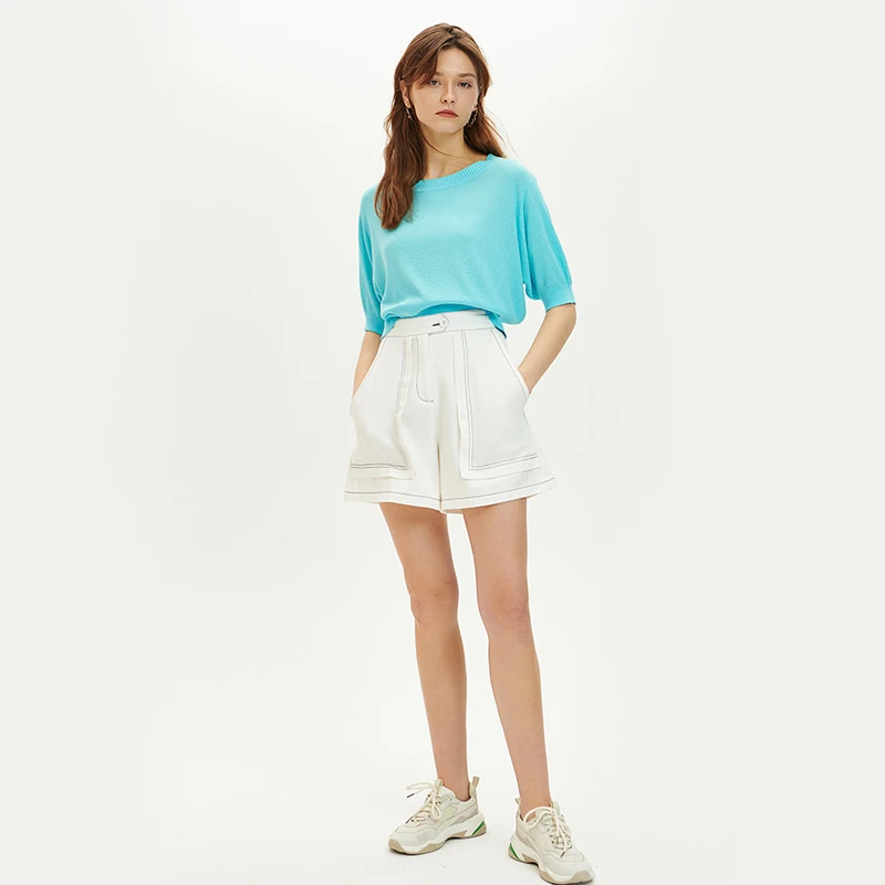 全织时代 2025夏季新款高腰设计百搭阔腿垂感宽松休闲裤纯棉短裤