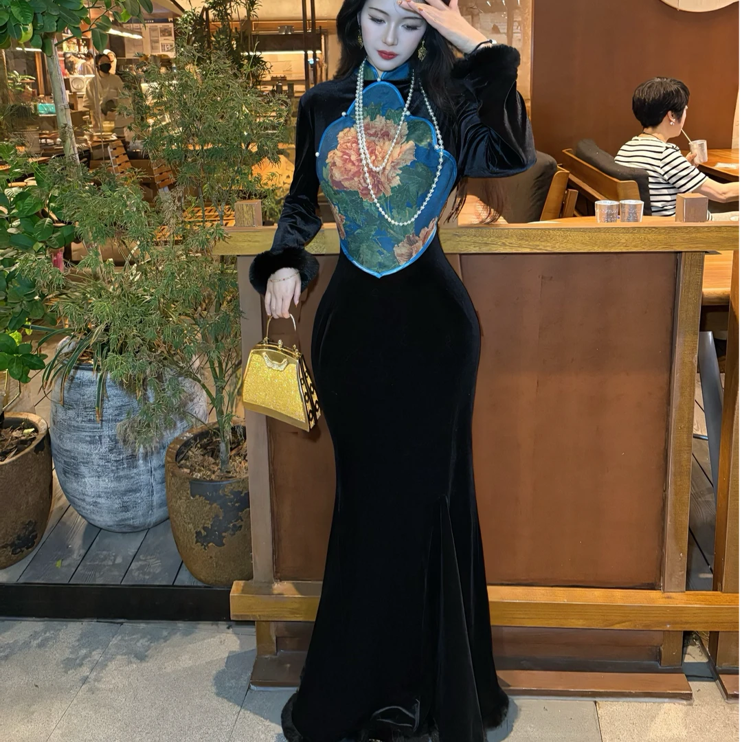 LHMknk1画报夫人原创自制定位花拼丝绒大裙摆秋季旗袍 九尾狐之蓝