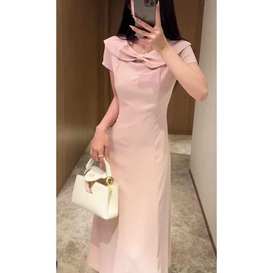 2025新款夏季甜美简约高级蝴蝶结收腰显瘦气质百搭连衣裙B0088