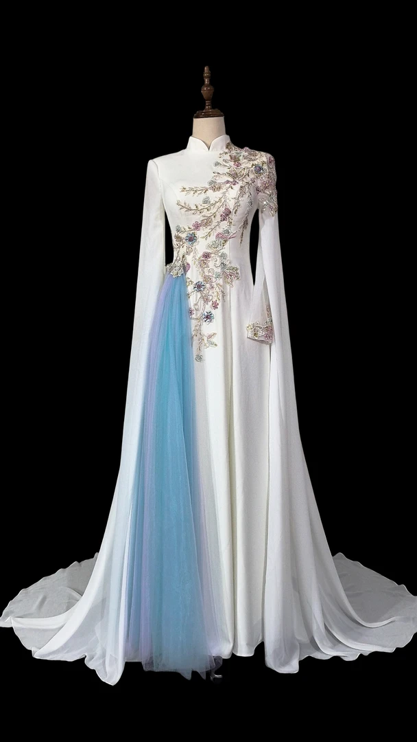 白色拼色国风民歌独唱声乐艺考古筝大气水䄂礼服