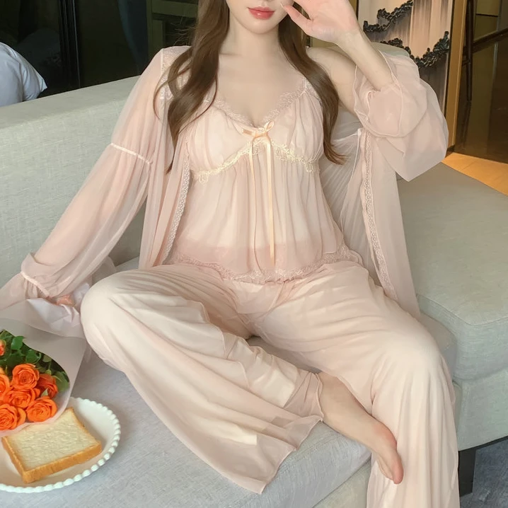 密汀巴灵法式复古长袖睡衣女性感吊带胸垫莫代尔蕾丝家居服三件套