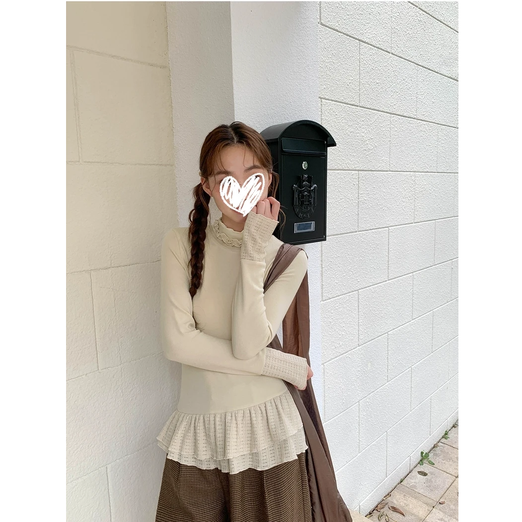 双层镂空拼接花边领打底衫女秋季设计感纯色长袖T恤上衣#Y262