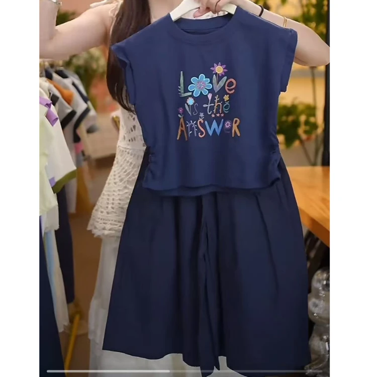 女童2025夏季新款儿童韩版时髦休闲短袖T恤阔腿裤九分裤套装潮酷