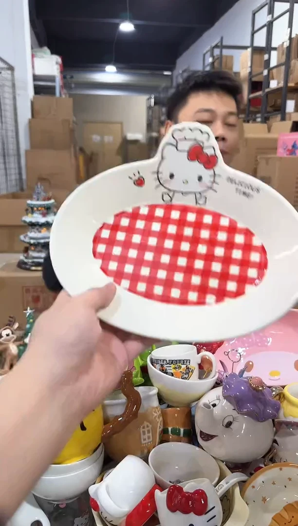 瓷片原盒kt猫红格子餐盘