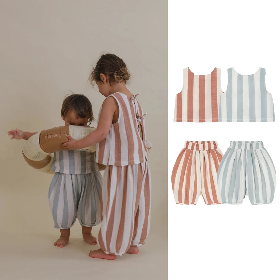 儿童套装25夏季北欧竖条纹绑带宝宝背心裤子女童短袖日常休闲裤