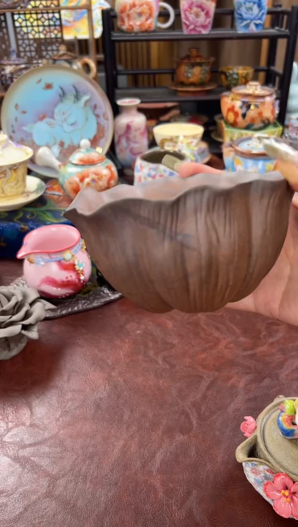 素慕堂粗陶仿古荷叶小茶洗