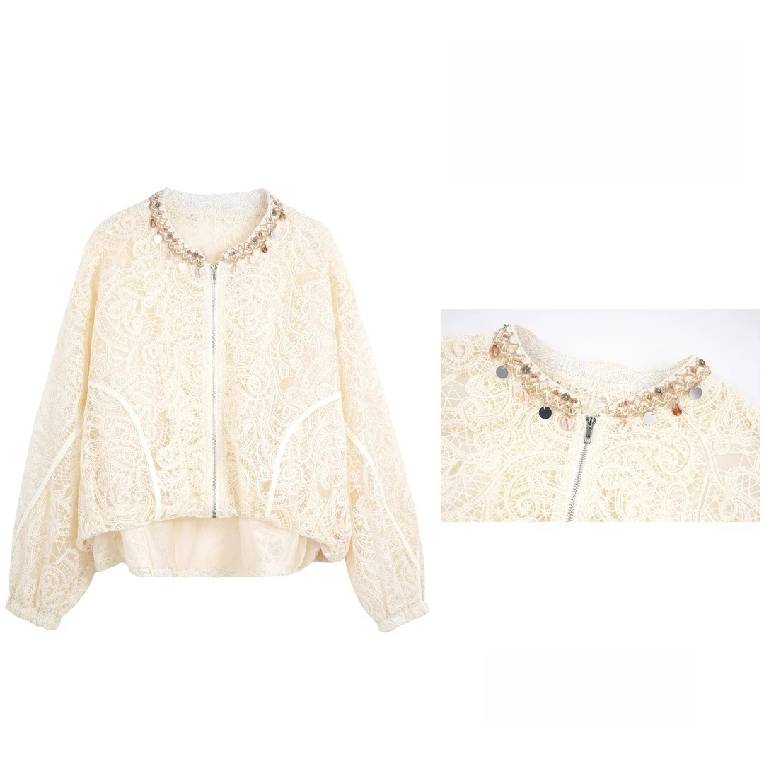 温柔简约时尚百搭法式不规则下摆宽松蕾丝短款外套女9295