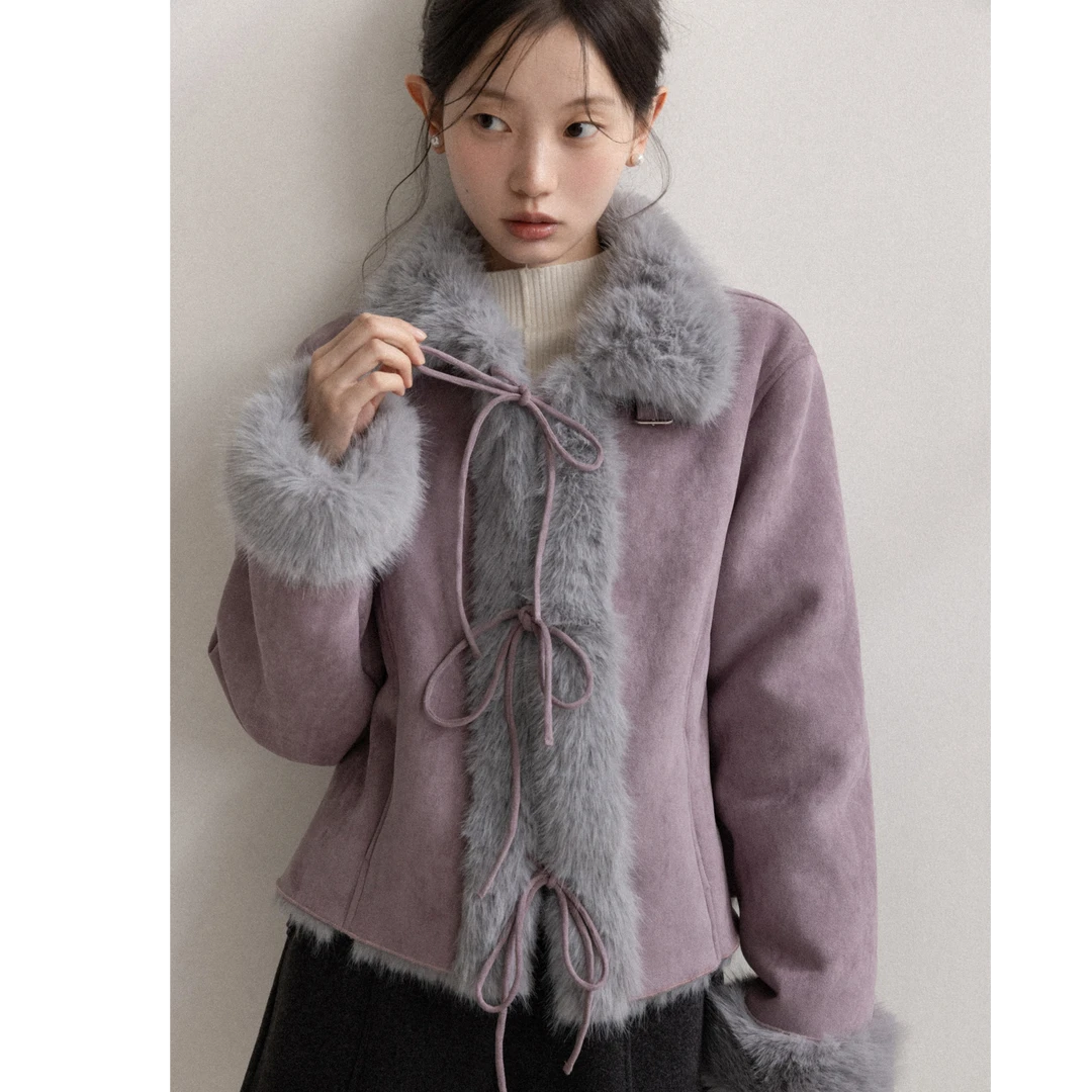 法式复古紫色皮毛一体短外套女冬季新款加绒上衣
