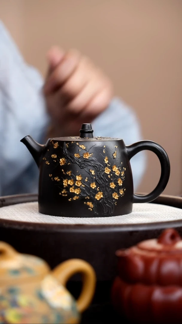 茶壶紫砂捂灰朱泥描金梅花汉铎009
