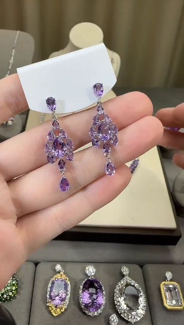 银S925镶嵌耳饰紫晶9*7mm耳坠水滴款