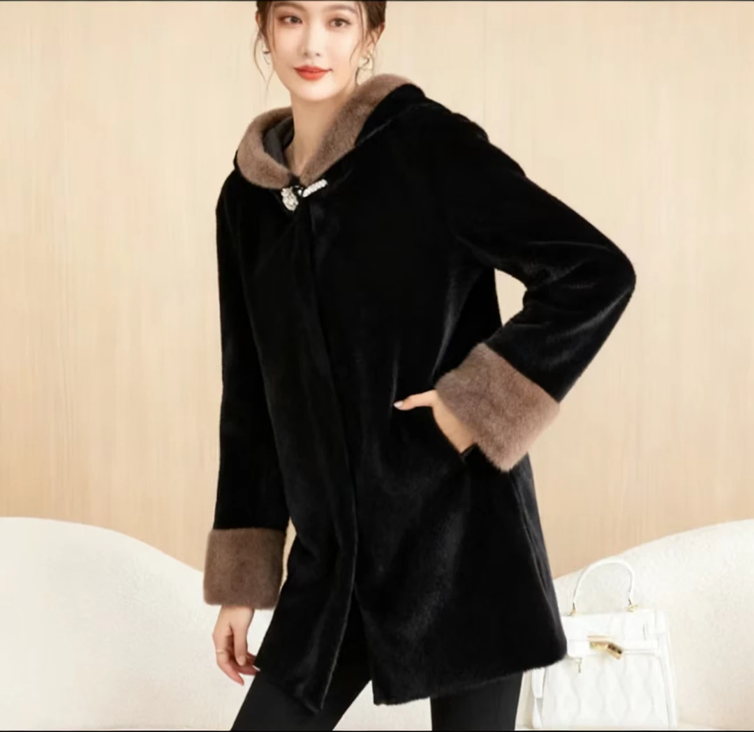 新款女士撞色雪兰貂皮草外套