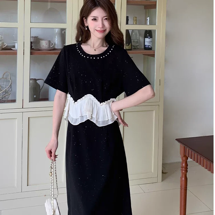 2025新款法式甜美风荷叶边拼接设计高级感收腰显瘦气质连衣裙1759