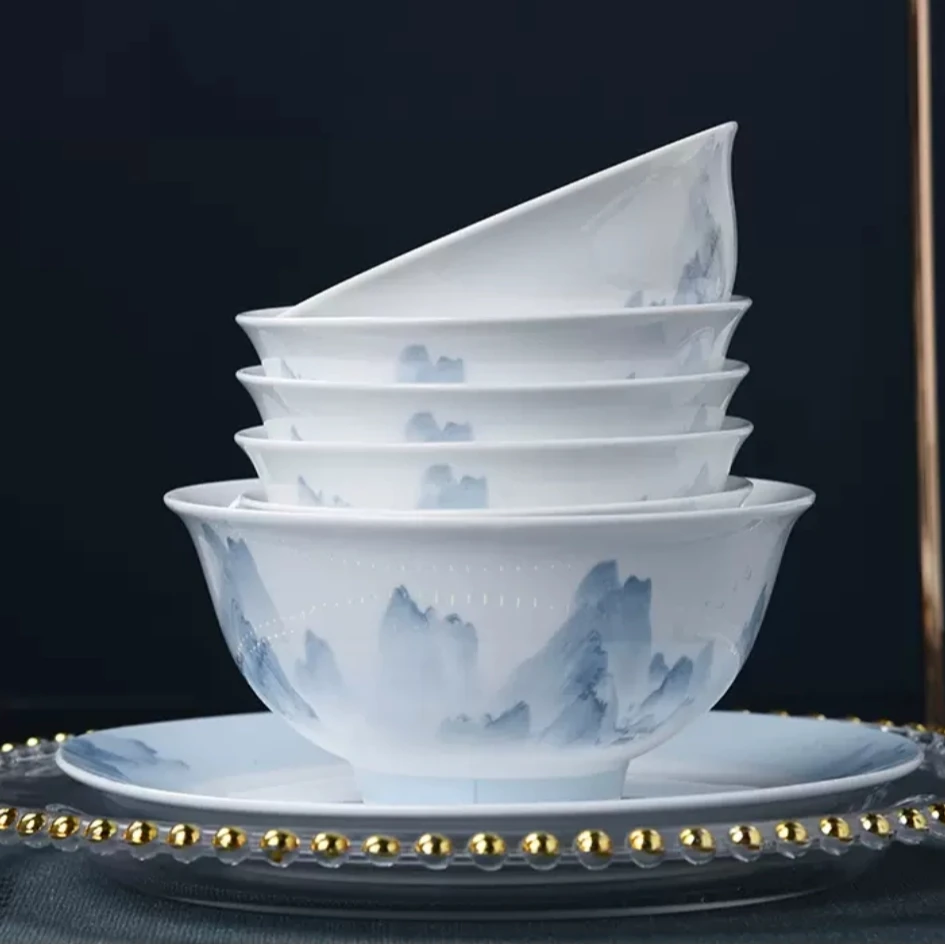 景德镇高温高白泥水墨江山碟盘碗餐具耐用实用好洗防烫细腻不挂油
