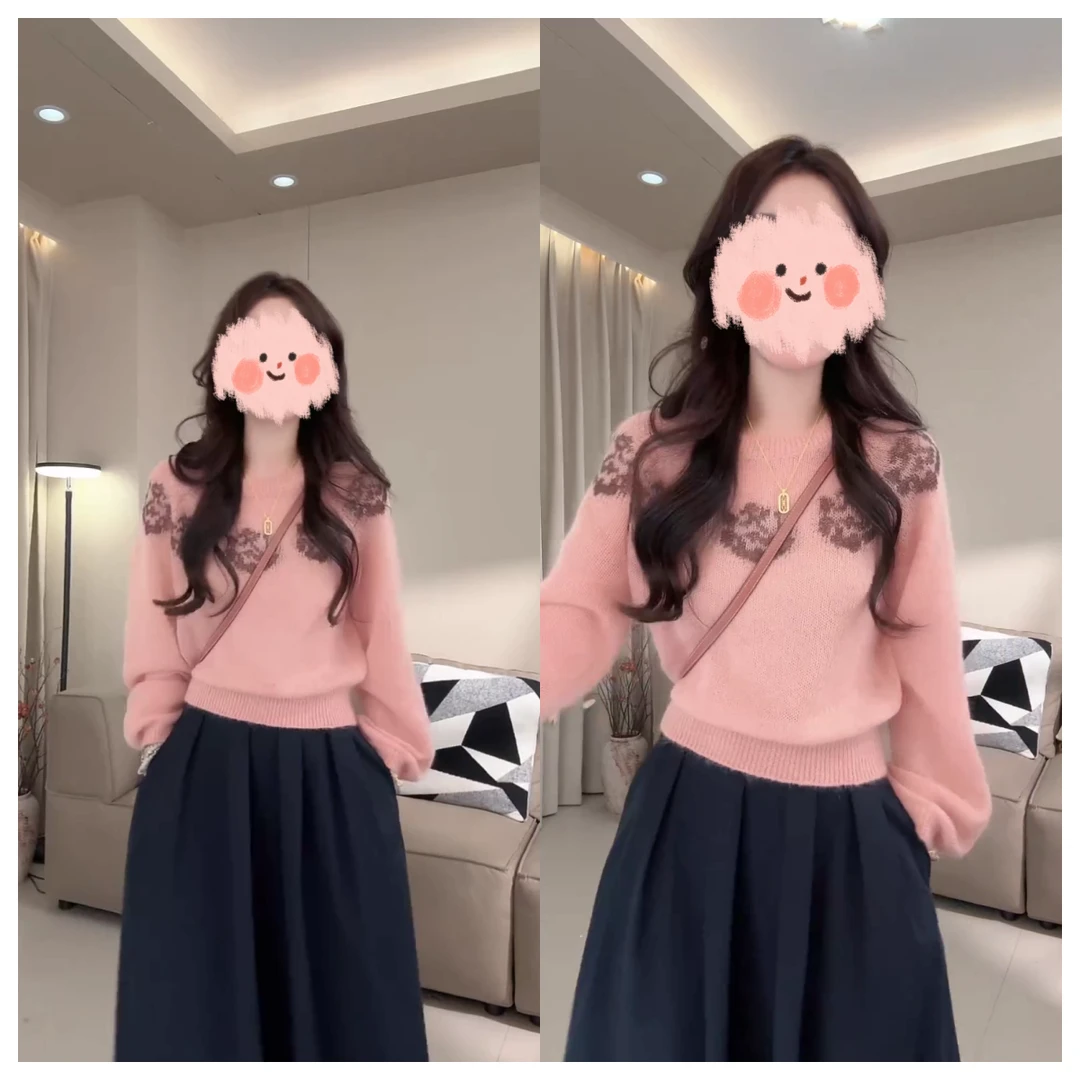 秋季新款套头款长袖休闲INS风圆领毛衣慵懒风宽松针织上衣C6424