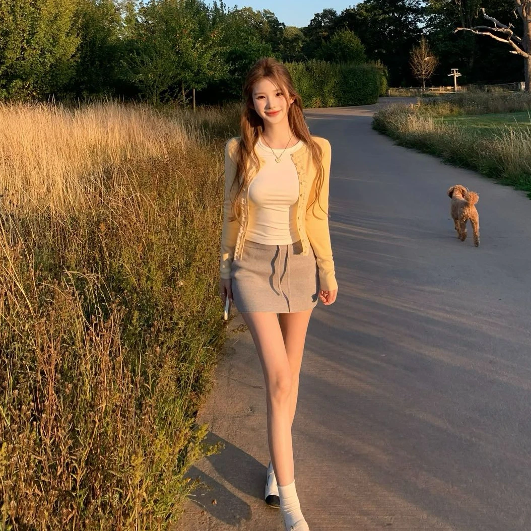 黄色短款针织开衫女春秋外搭外套小个子修身显瘦气质韩系长袖上衣