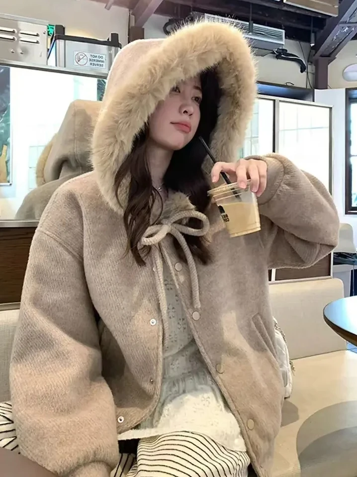 韩系甜美蝴蝶结绑带气质大毛领外套女冬季慵懒风百搭连帽针织毛