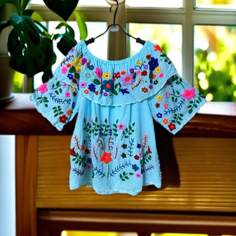 【时一】泰国进口全手工绣前后同款绣生态棉东南风波西米亚风上衣