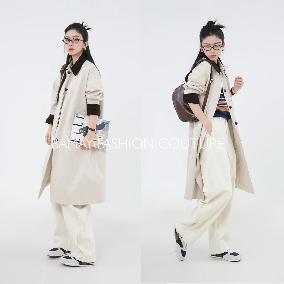 【BAMAY】2025春季口碑款复古灯芯绒拼接中长款风衣外套BM251FY1Q