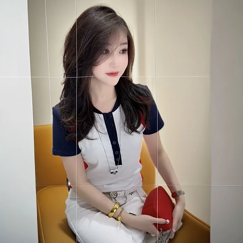 欧货洋气拼接T恤2025新款夏季时尚感显半开短袖个性上衣