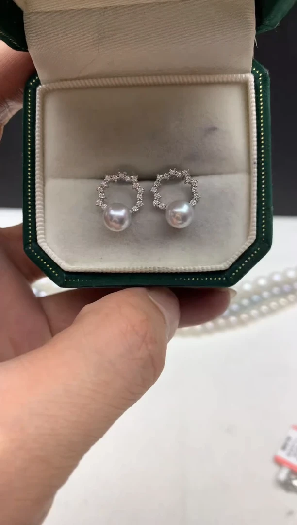 银S925镶嵌ff海水珍珠akoya灰珠耳饰