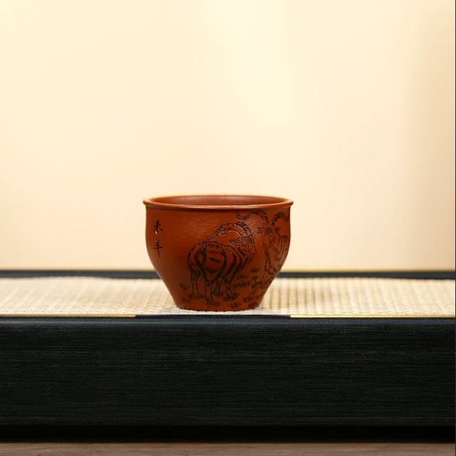 赵掌柜紫砂  朱泥浮力杯 刻绘羊