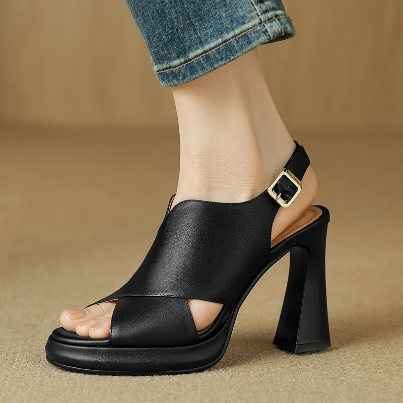 一字扣带罗马凉鞋2025新款防水台高跟鞋女粗跟鱼嘴鞋真皮后空单鞋