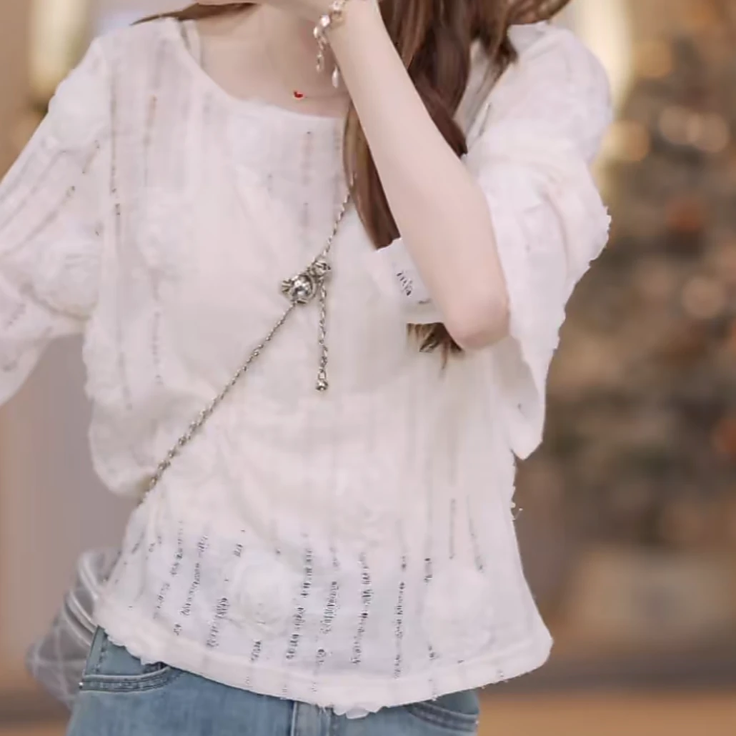 设计感镂空针织手工盘花长袖女2025夏季新款圆领宽松针织衫上衣