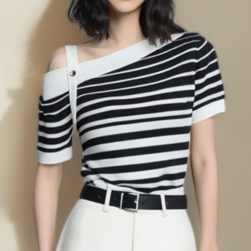 夏季新款一字领女高腰气质休闲针织短袖上衣LK2504742