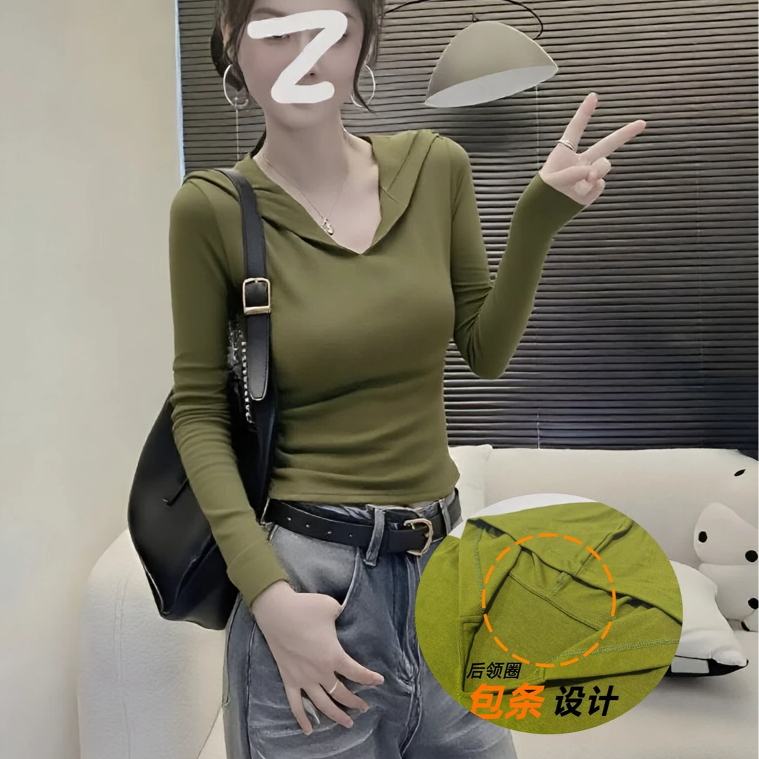25年【秋款】纯色韩版休闲通勤风纯欲连帽大V领设计显瘦修身长袖T恤