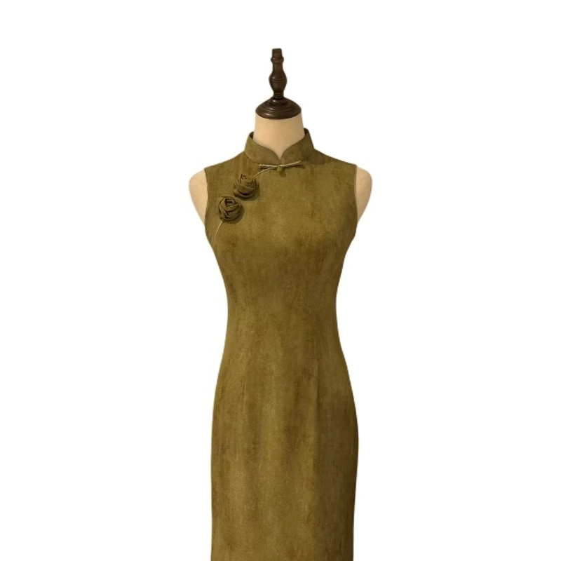 【墨苔笺】新款日常无袖乔其纱抹茶绿复古显瘦气质旗袍