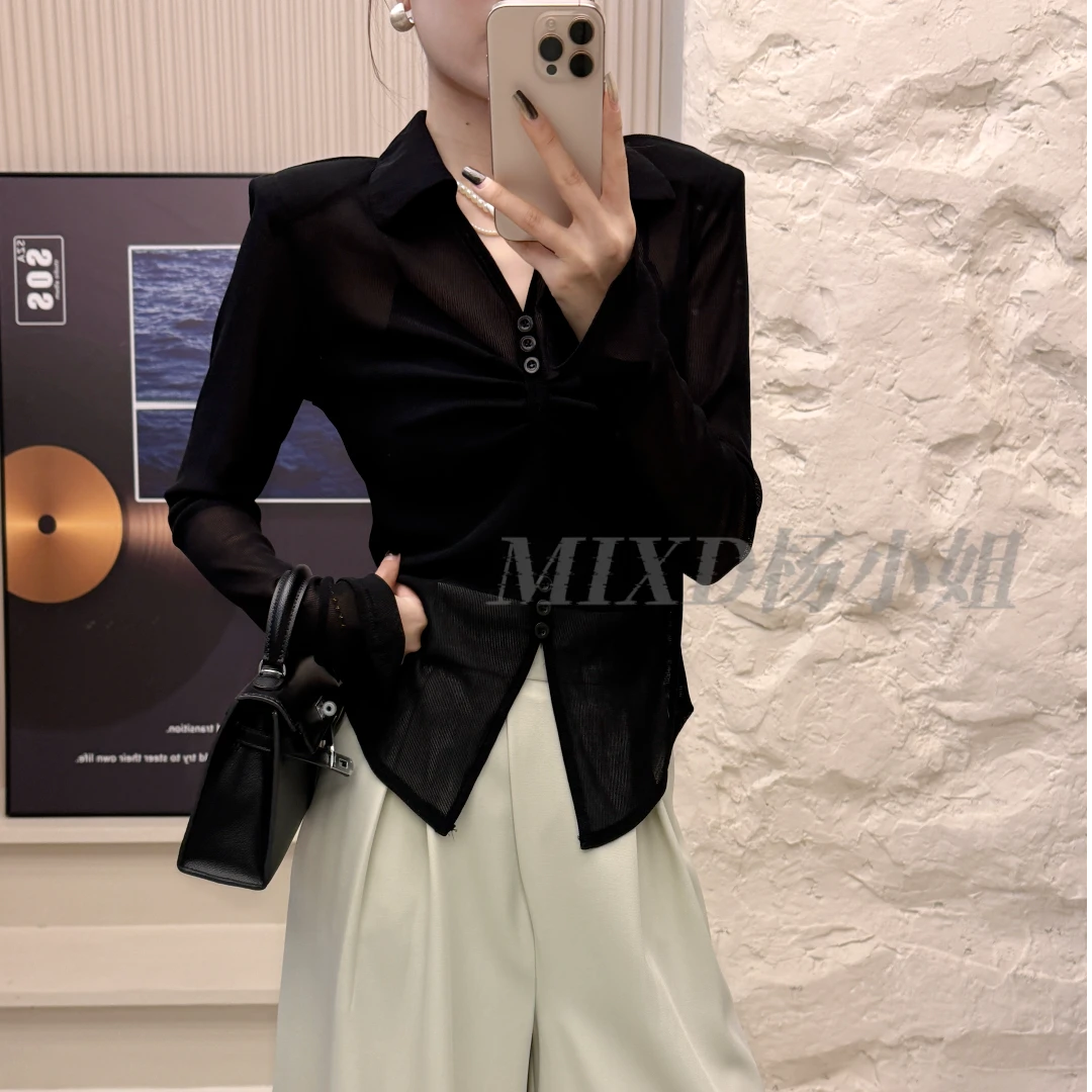 【MIXD杨小姐定制】2025夏款时髦衬衣领防晒网纱微喇袖收腰显瘦上衣