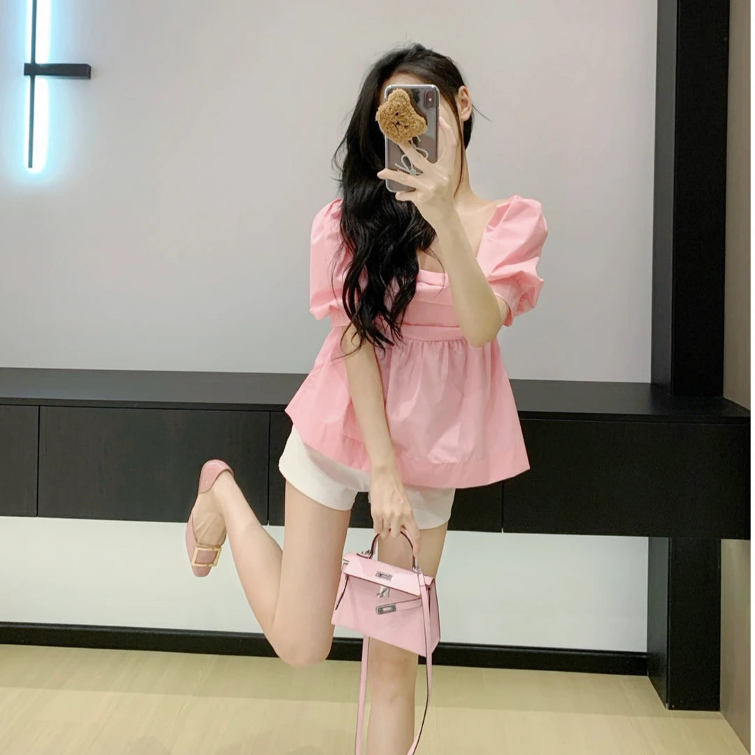 【现货】Leathercat粉色短袖衬衫女夏法式洋气减龄显瘦泡泡袖上衣