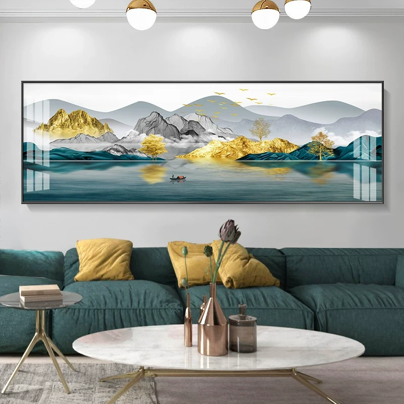 富水金山山水画横版挂画现代简约中式办公室客厅沙发背景墙装饰画