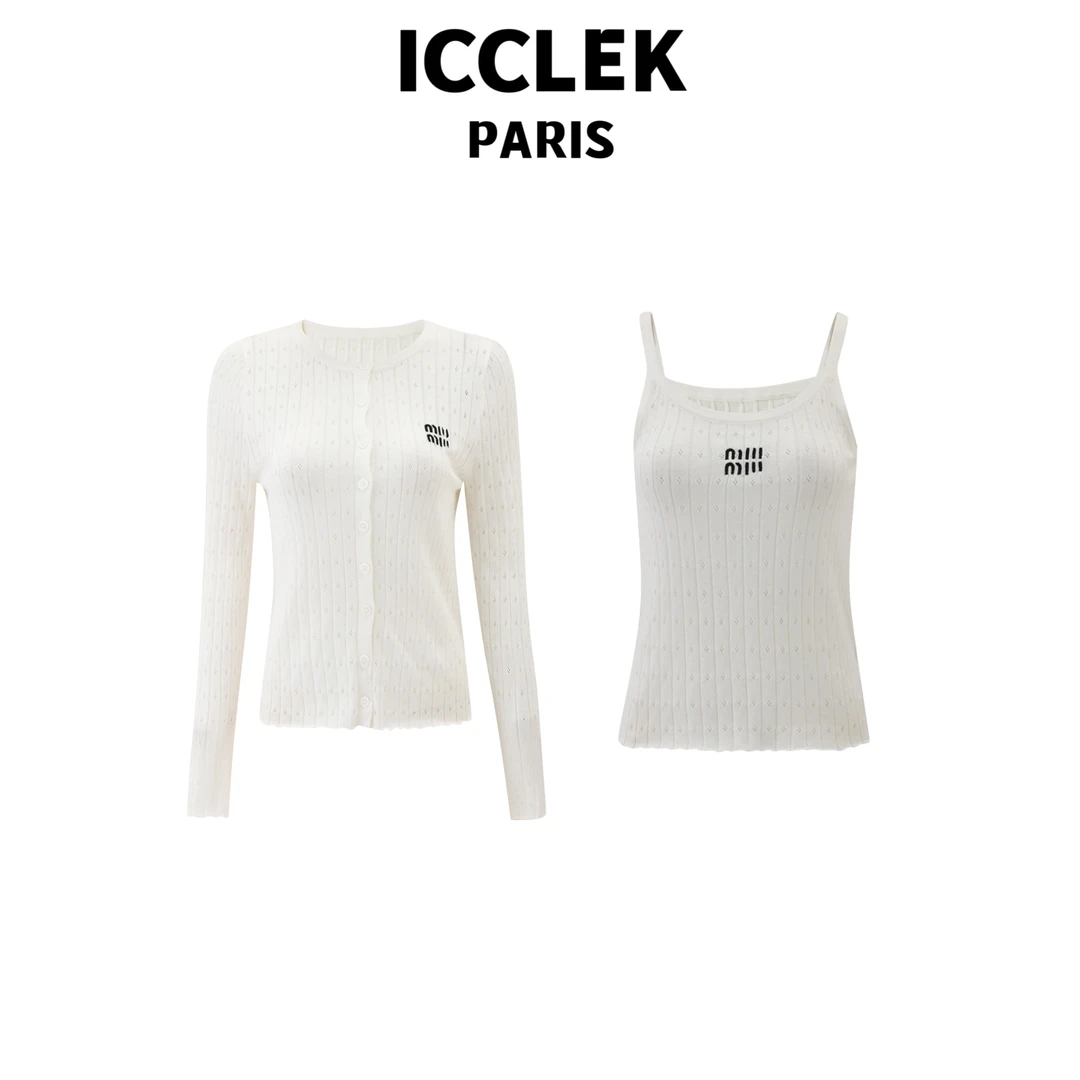 ICCLEK 早春秋夏白色长袖薄款针织衫两件套修身气质百搭显瘦-1177