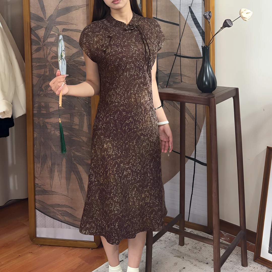 真丝香云纱复古飞袖长裙立领手工盘扣连衣裙优雅中国风夏季