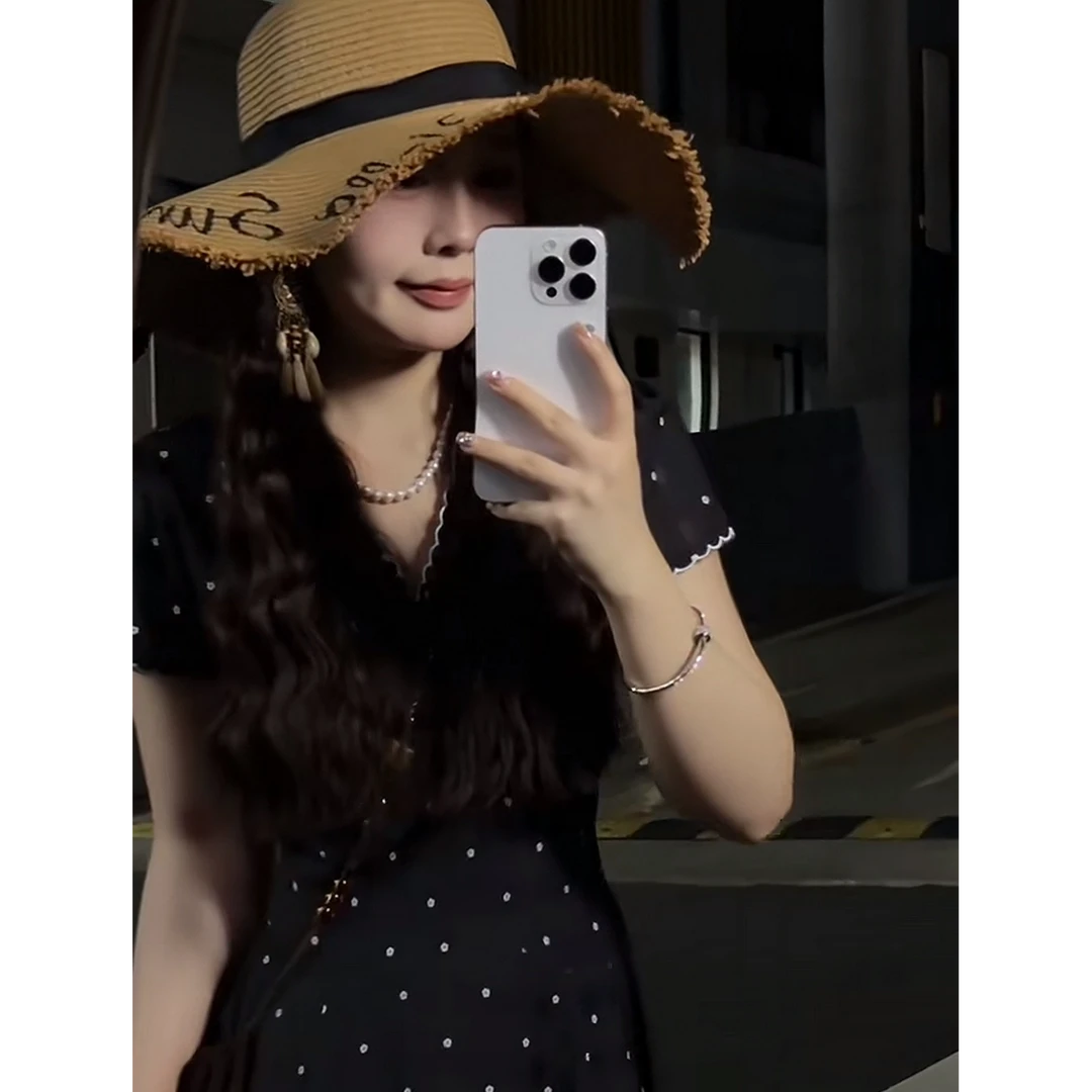 【全额运补】夏季法式墨点星芒连衣裙碎花常规显瘦小众黑色长裙