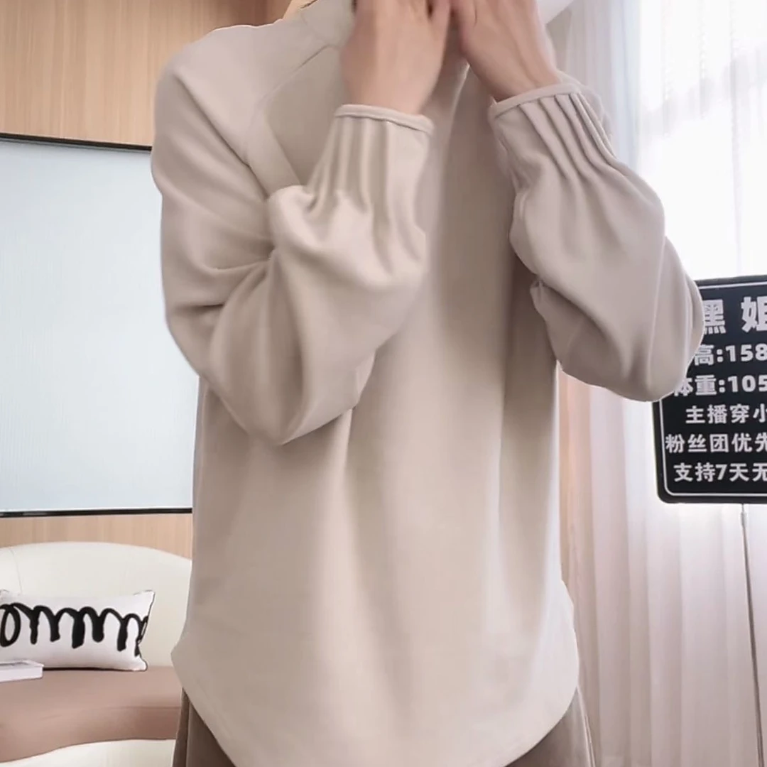 2024冬季新款半高领软糯亲肤纯色袖口褶皱打底衫女加厚长袖内搭